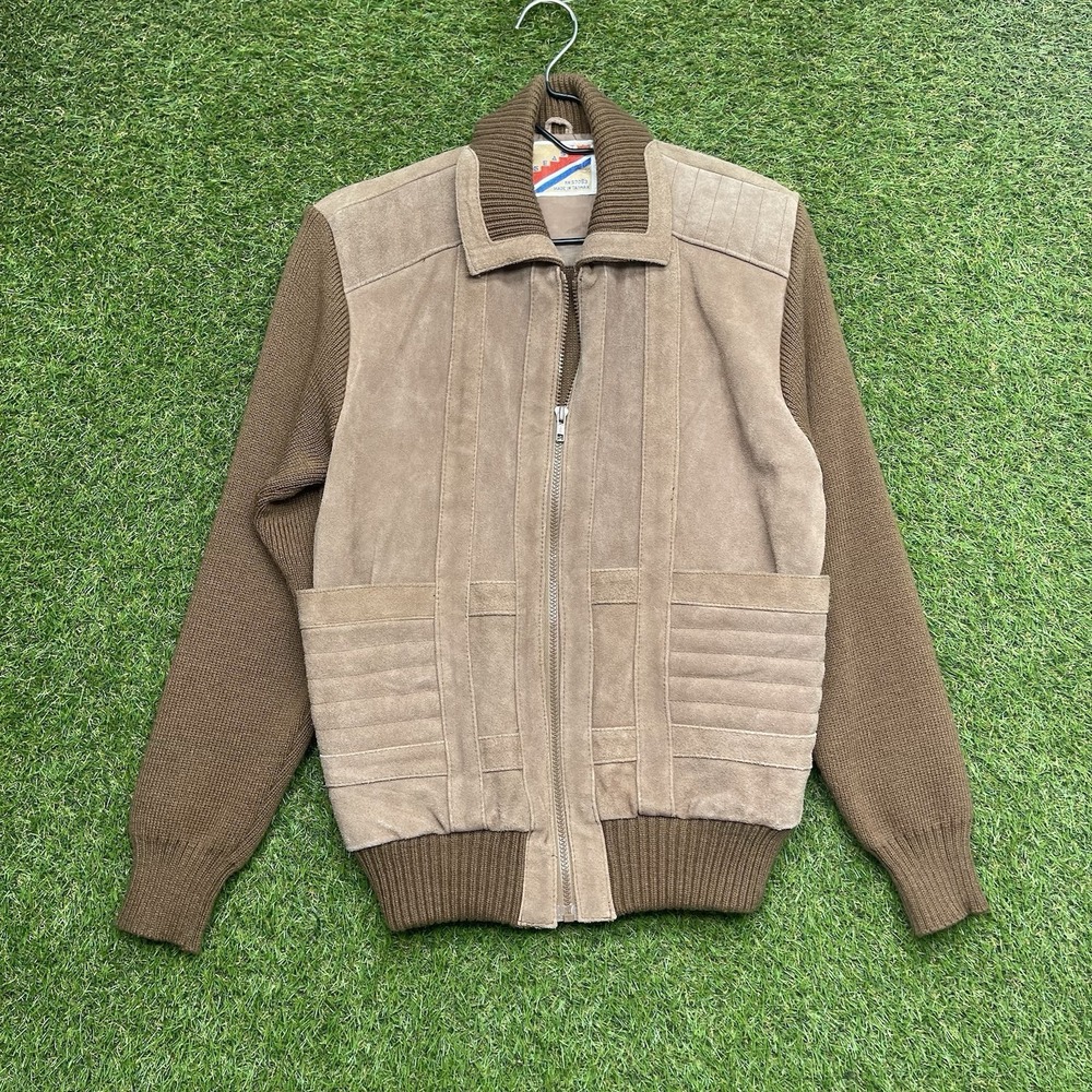 Vintage Leather Jacket Mens Medium Brown Full Zip Knit Sleeves Casual 155 East